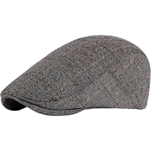 A grey herringbone flat cap