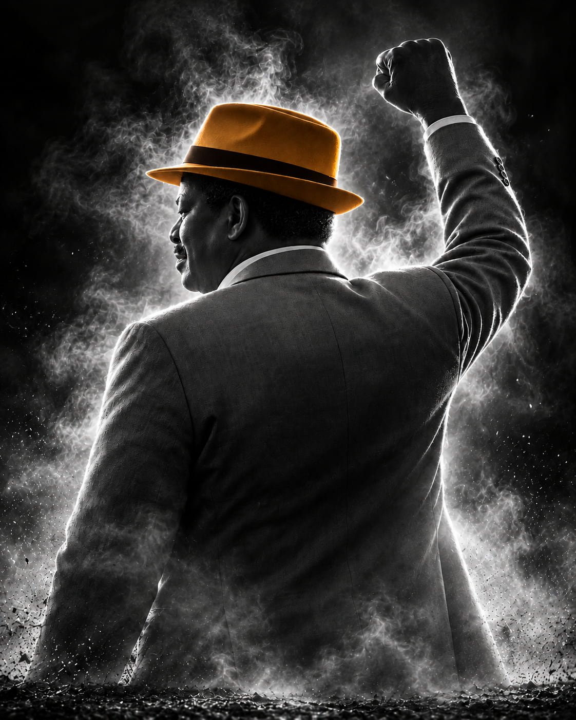 A man in an amber hat raising his fist